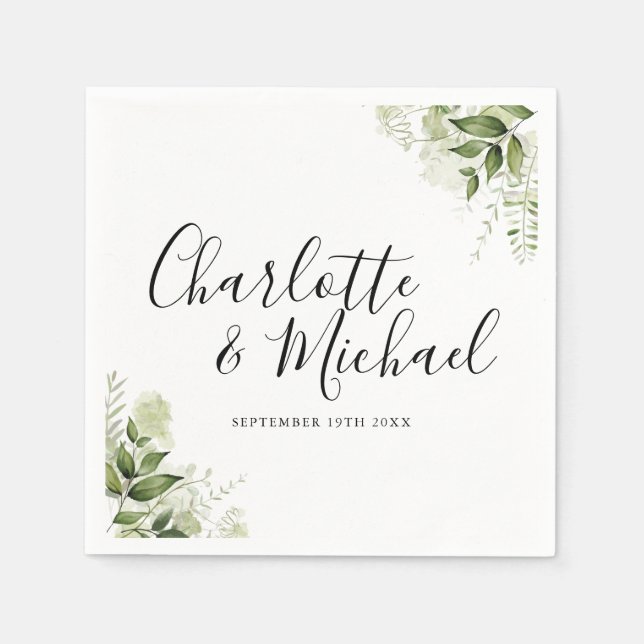 Greenery Leaves Elegant Signature Script Napkins (Front)