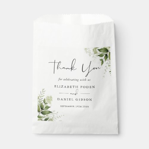 Greenery Leaves Elegant Thank You Wedding Favor Bag - This elegant botanical greenery leaves favor bag can be personalized with your information in chic typography. Designed by Thisisnotme©