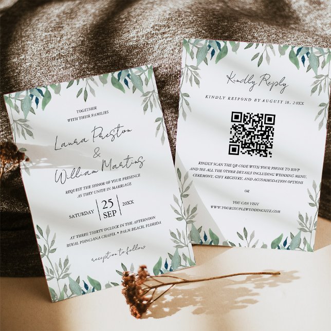 Greenery Leaves Frame QR Code RSVP Wedding Invitation (Creator Uploaded)