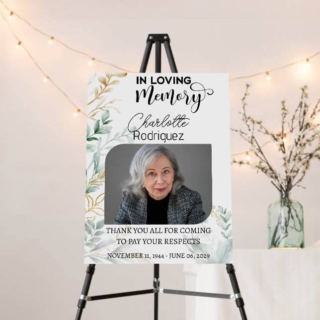 Greenery Leaves Funeral Welcome & Custom photo Foam Board (In Situ (Stand))