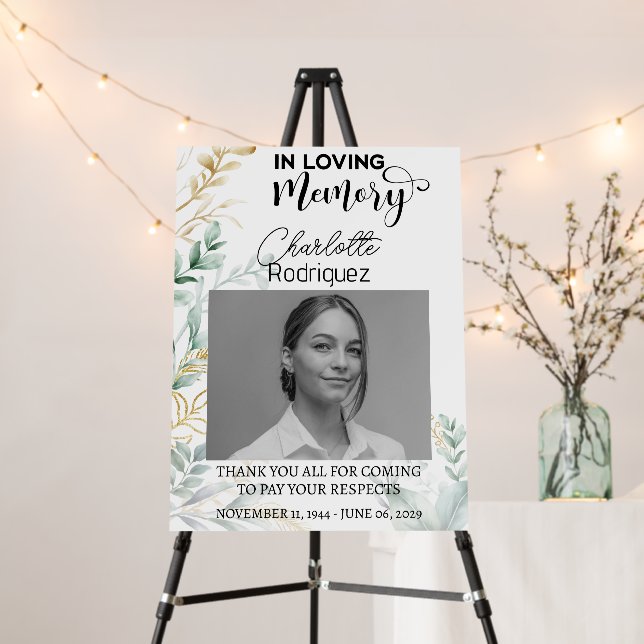 Greenery Leaves Funeral Welcome & Custom photo Foam Board (In Situ (Stand))
