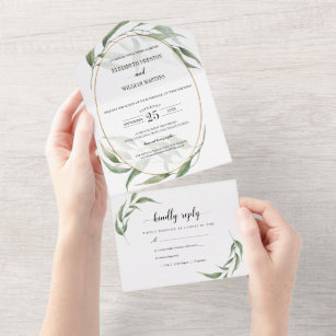 Greenery Leaves Geometric Frame Wedding with RSVP All In One Invitation