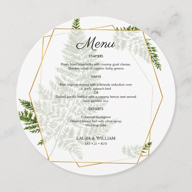 Greenery Leaves Geometric Glitter Frame Round Menu (Front)