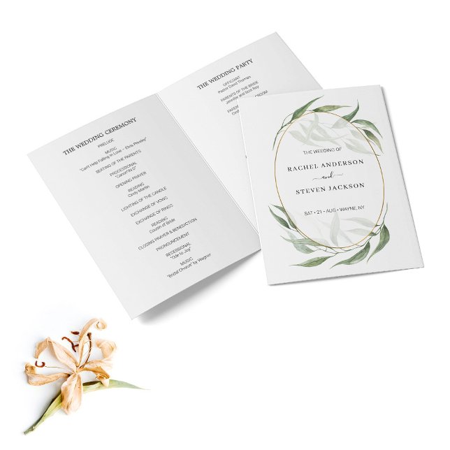 Greenery Leaves Gold Frame Wedding Folded Program (Creator Uploaded)