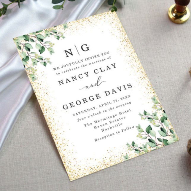 Greenery Leaves Gold Glitter Monogram Wedding Invitation (Creator Uploaded)