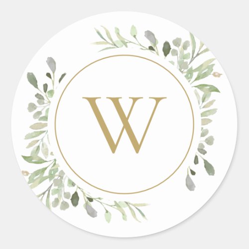 Greenery Leaves Gold Monogram Initial Classic Round Sticker