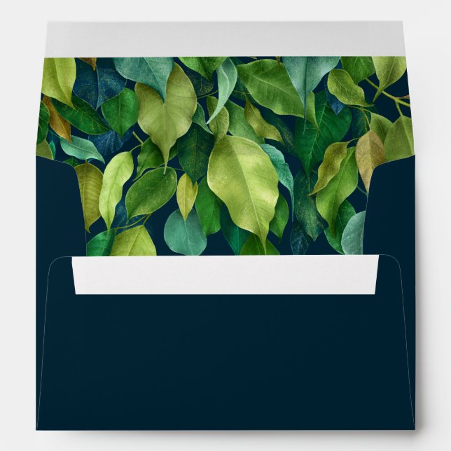 Greenery Leaves Green Gold Blue Foliage Wedding Envelope (Back (Bottom))