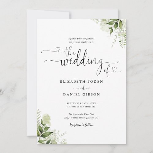 Greenery Leaves Hearts Script Calligraphy Wedding Invitation - This elegant greenery leaves black and white wedding invitation can be personalized with your celebration details set in chic typography. Designed by Thisisnotme©