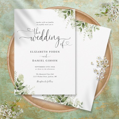 Greenery Leaves Hearts Script Calligraphy Wedding Invitation