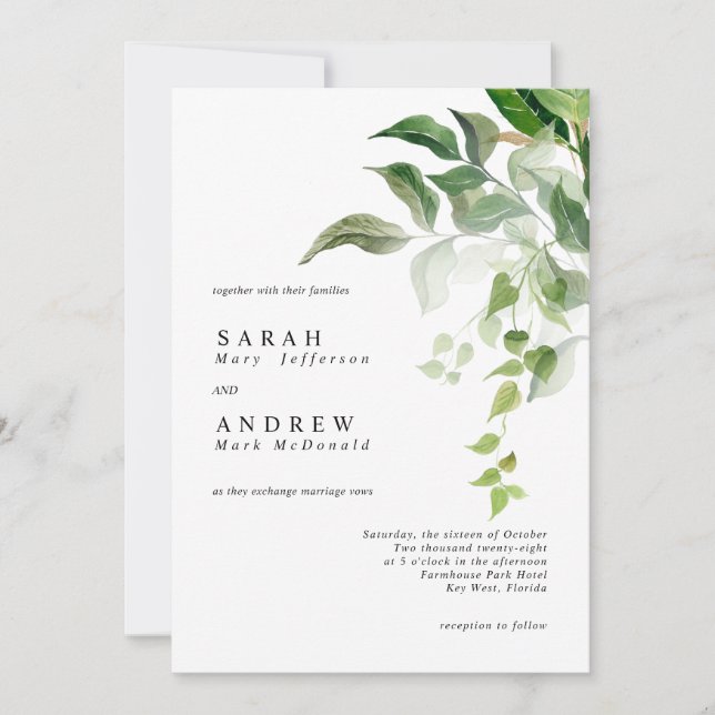 Greenery Leaves Modern Minimal Wedding Invitation (Front)