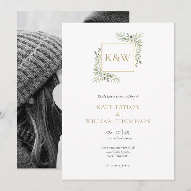 Greenery Leaves Monogram Photo Wedding Invitation (Front/Back)