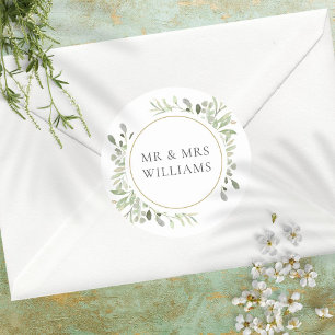 Greenery Leaves MR & MRS Wedding Favor Classic Round Sticker