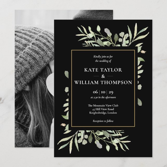 Greenery Leaves Photo Black Wedding Invitation (Front/Back)