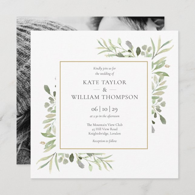 Greenery Leaves Photo Wedding Invitation (Front/Back)