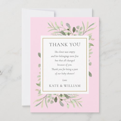 Greenery Leaves Pink Baby Girl Shower Poem Thank You Card