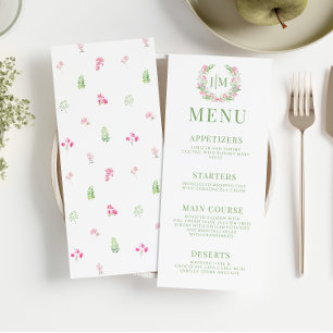 Greenery Leaves Pink Flowers Monogram Wedding Menu