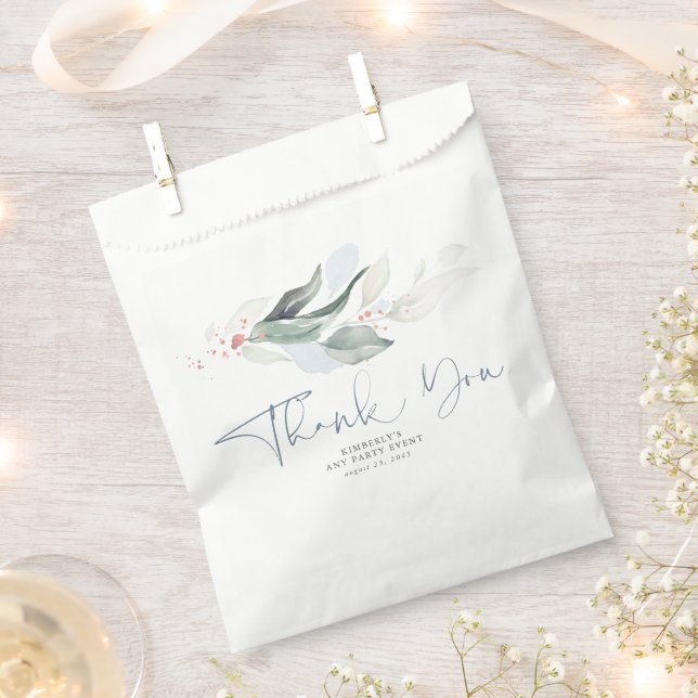 Greenery Leaves Rose Gold Dusty Blue Thank You Favor Bag (Clipped)
