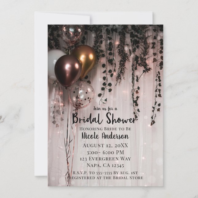 Greenery Leaves Rose Gold Lights Rustic Bridal Invitation (Front)