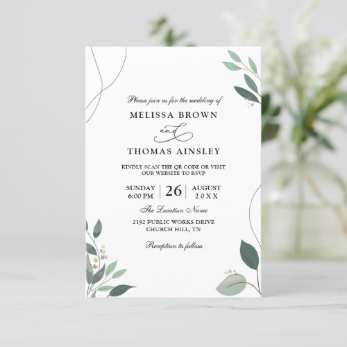 Greenery Leaves Rustic Budget QR Code Wedding Invitation