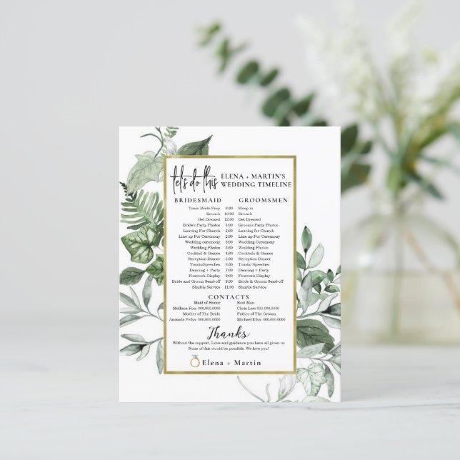  Greenery Leaves Script Text Wedding Day Timeline (Standing Front)