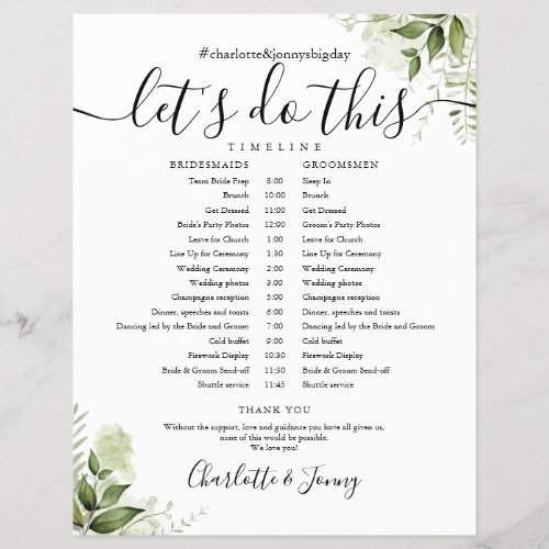 Greenery Leaves Script Wedding Schedule Timeline - This stylish greenery leaves wedding schedule timeline can be personalized with your wedding details in chic lettering. Designed by Thisisnotme©