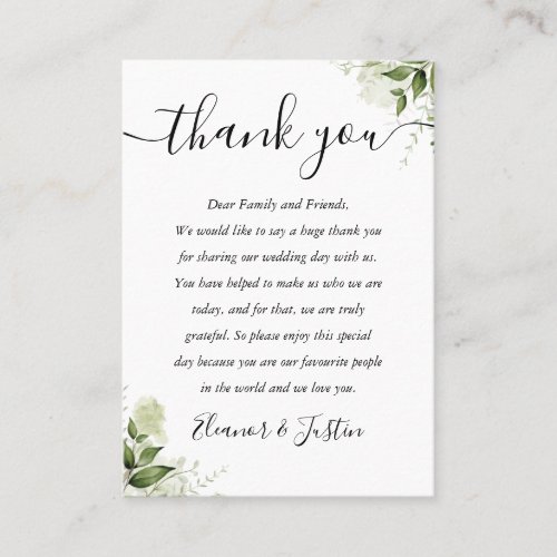 Greenery Leaves Script Wedding Thank You Place Card - An elegant greenery leaves wedding celebration thank you reception card set. Personalized with your special thank you message set in stylish typography. You can customize the background to your favorite wedding theme color. A special keepsake thank you for your guests. Designed by Thisisnotme©