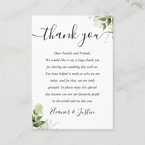 Greenery Leaves Script Wedding Thank You Place Card | Zazzle