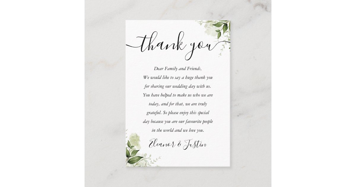 Greenery Leaves Script Wedding Thank You Place Card | Zazzle