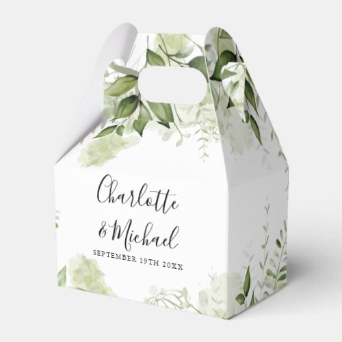 Greenery Leaves Signature Script Wedding Favor Box - Elegant wedding favor box featuring greenery leaves, chic signature script names and special date. You can personalize with your own thank you message on the reverse. A perfect way to say thank you to your guests! Designed by Thisisnotme©
