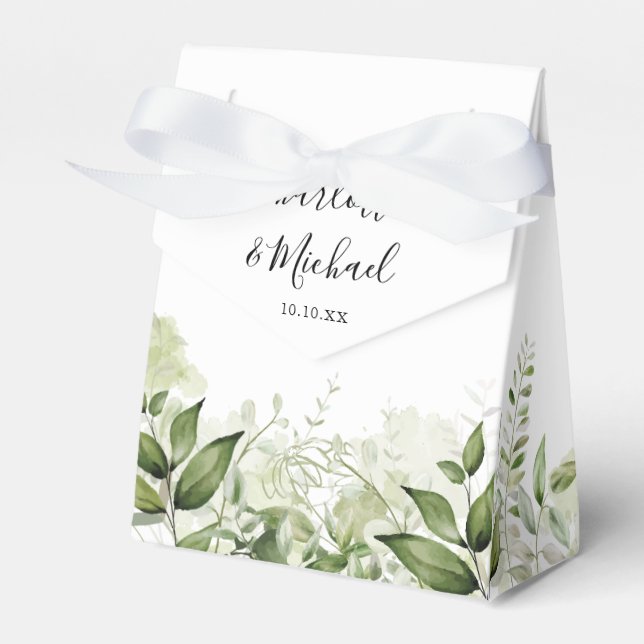 Greenery Leaves Signature Script Wedding Favor Boxes (Front Side)