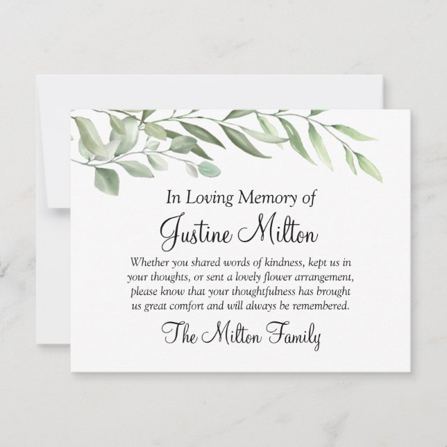 Greenery Leaves Sympathy Thank You Note Card (Front)