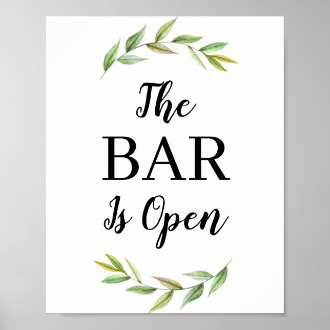 Greenery Leaves The Bar Is Open Wedding Bar Sign (Front)