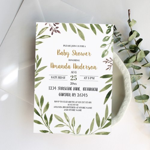 Greenery Leaves Watercolor Baby Shower  Invitation