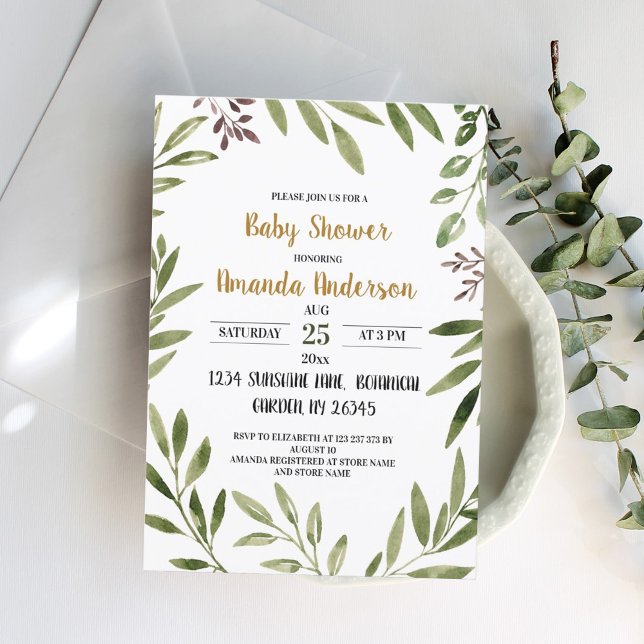Greenery Leaves Watercolor Baby Shower  Invitation (Creator Uploaded)
