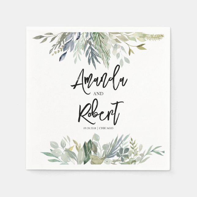  Greenery Leaves Watercolor Wedding Napkins (Front)