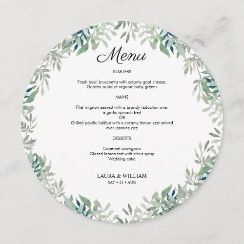 Greenery Leaves Wedding Round Menu For Plate