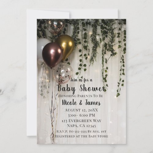 Greenery Leaves White Lights Rustic Baby Shower Invitation