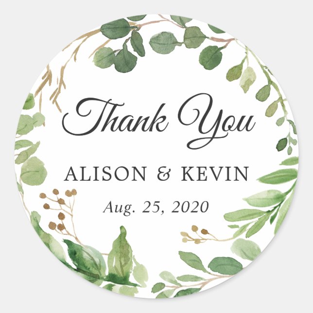 Greenery Leaves Wreath Wedding Favor Thank You Classic Round Sticker (Front)