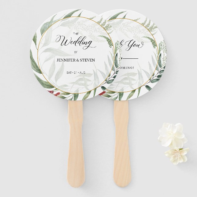Greenery Leaves Wreath Wedding Welcome Hand Fan (Front and Back)