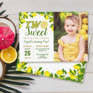 Greenery Lemon Two Sweet 2nd Birthday Photo Invitation