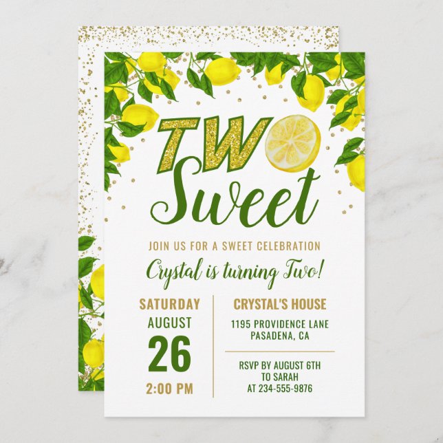 Greenery Lemon Two Sweet First Birthday Invitation (Front/Back)