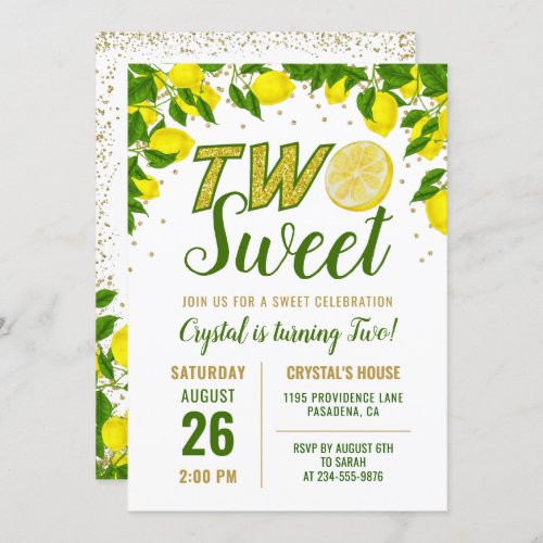 Greenery Lemon Two Sweet First Birthday Invitation