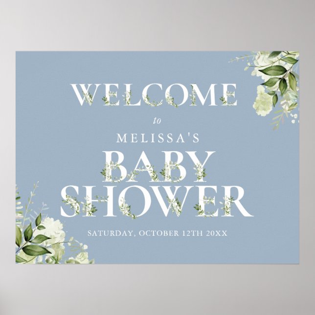 Greenery Letter Blue Baby Shower Welcome Sign (Front)