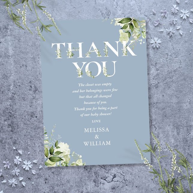 Greenery Letter Dusty Blue Baby Shower Poem Thank You Card (Greenery Letter Dusty Blue Baby Shower Poem Thank You Card)