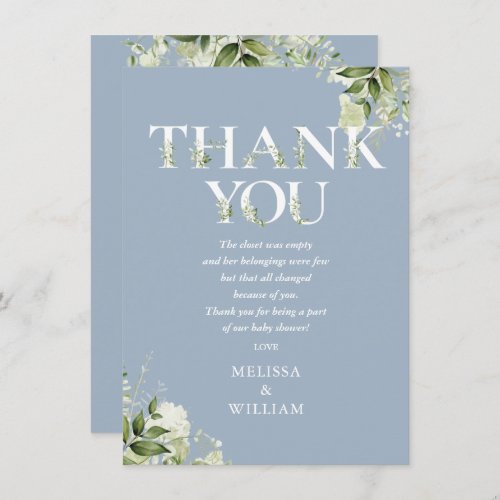 Greenery Letter Dusty Blue Baby Shower Poem Thank You Card