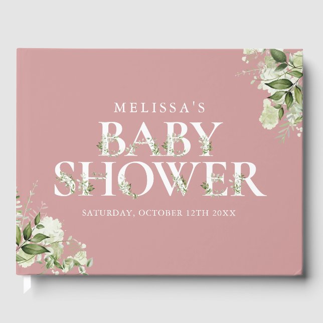 Greenery Letter Dusty Rose Pink Baby Shower Guest Book (Front)