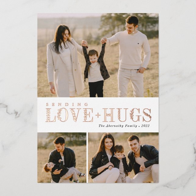 Greenery Letters 3 Photo Collage Love Hugs  Foil Holiday Card (Front)