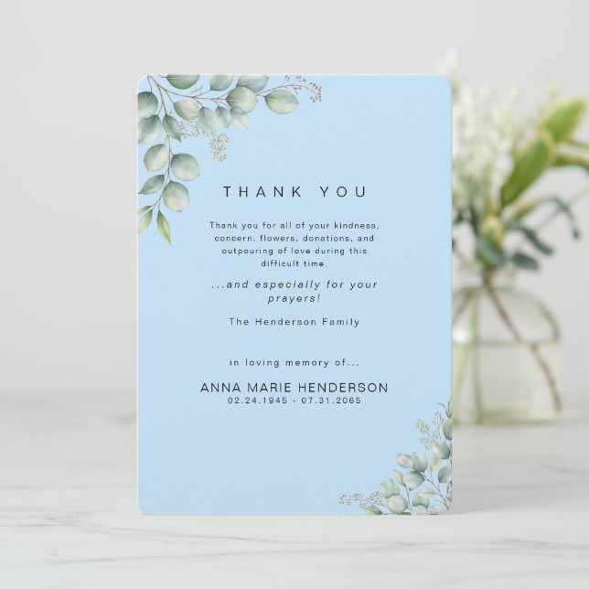 Greenery Light Blue Bereavement Funeral Thank You Card (Standing Front)