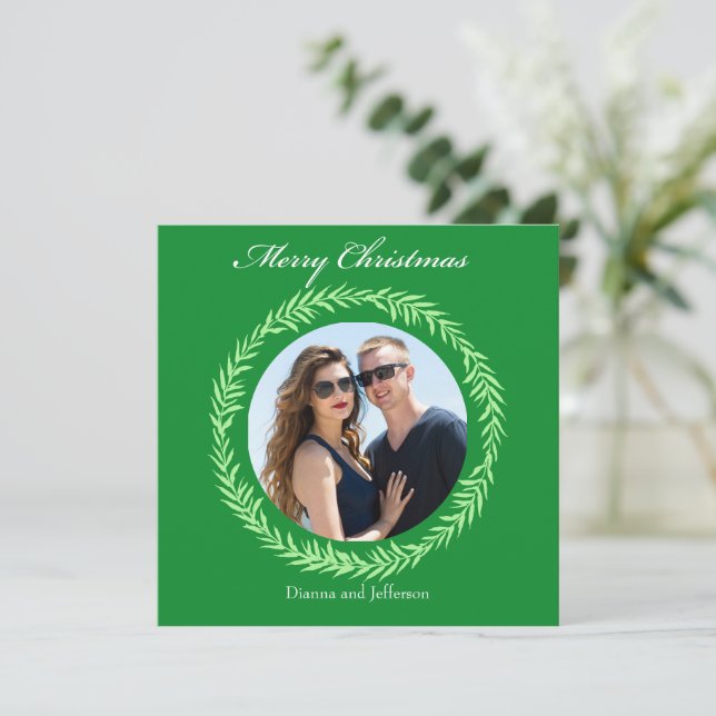 Greenery Light Green Leaf Wreath encloses photo Holiday Card (Standing Front)