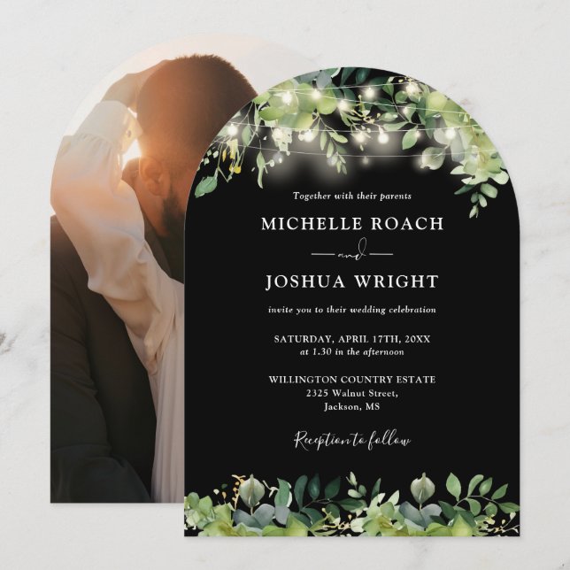 Greenery Lights Arch Black And White Photo Wedding Invitation (Front/Back)